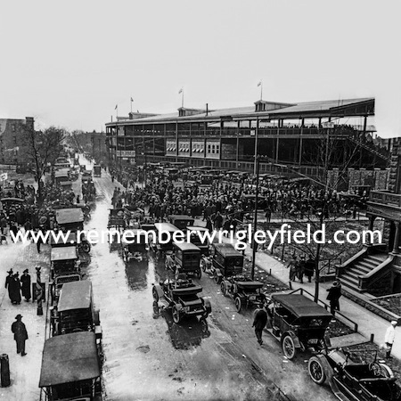 A view down Addison Street outside a brand new Weeghman Park in 1914