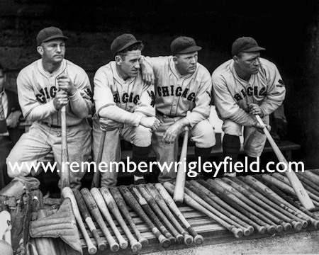 Stephenson, Cuyler, Hornsby and Wilson in the Chicago Cubs dugout in 1930 at Wrigley Field