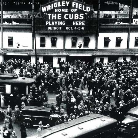 Crowd assembles in front of the 1935 Wrigley Field World Series marquee in Chicago.