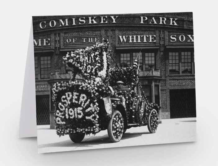 Charles Comiskey commissions a Prosperity Float outside of Comiskey Park in 1915